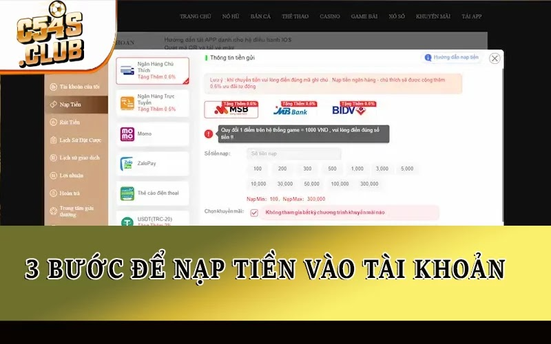 3 bước để nạp tiền vào tài khoản